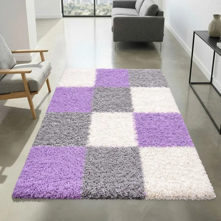 Carpetia Teppich Shaggy Teppich Hochflor mit Karomuster flieder lila, rechteckig, Höhe: 30 mm