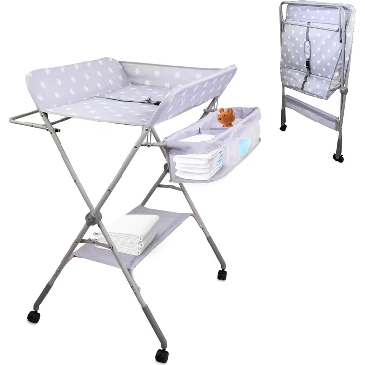Mobiclinic®, Wickeltisch, Klappbar, Höhenverstellbar, Bis zu 15 Kg, 0–36 Monate, Windel-Organizer, 360°-Räder mit Bremse, Gurt und Sicherheitszaun, Waschbarer Bezug, Aufbewahrung, Zoey – Bild 1