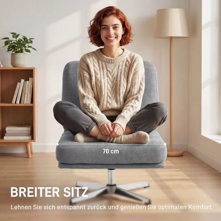 MELAYR, Drehbarer Akzentstuhl, gepolsterter Lesesessel mit Chenille, breitem Sitz, 87 x 70 x 84 cm, Hellgrau – Bild 6