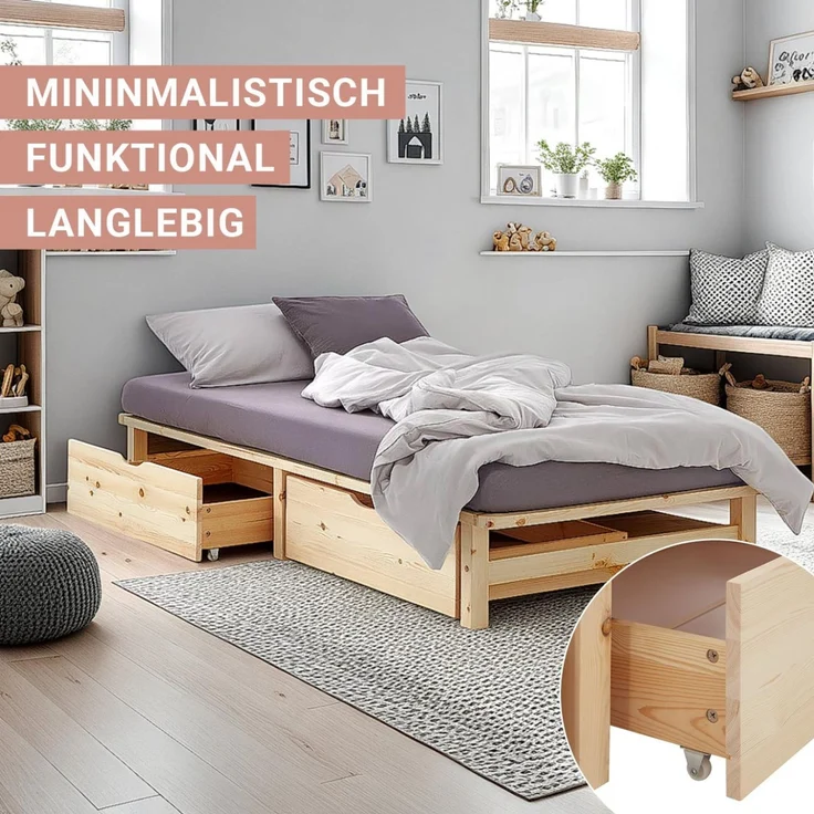 Holzbett 90x200 mit Matratze Bettkasten 2er Set Holzbettrahmen Palettenbett Einzelbett Bett Massiv Holz – Bild 6