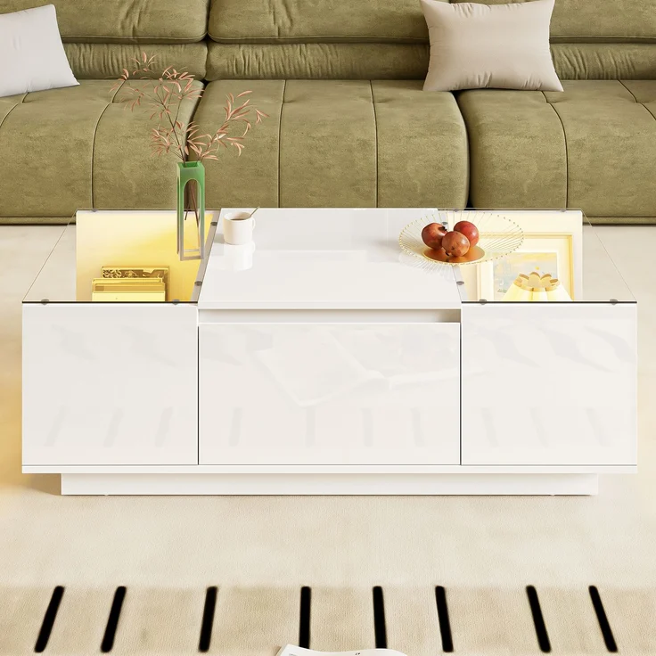 LED-Couchtisch 105×50×35 cm Weiß Hochglanz Tisch mit Glasplatten, LED-Beleuchtung steuerbar via Bluetooth und App – Bild 2