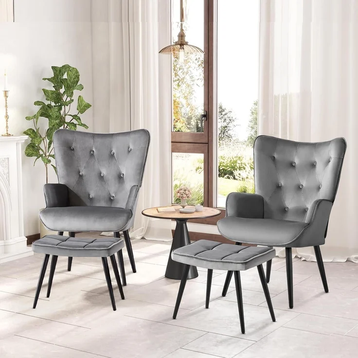 Sessel Ohrensessel Samt Relaxsessel Fußstütze mit Hocker Grau – Bild 7