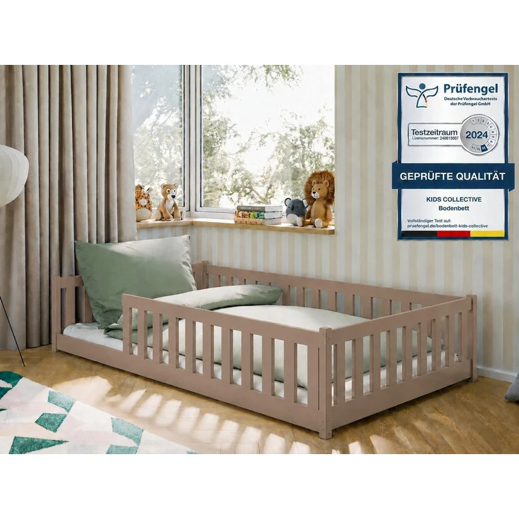 Kids Collective Kinderbett Bodenbett Bett mit Rausfallschutz & Lattenrost Montessori Bett Kinder (Jungen, Mädchen, Kinder, weitere Größen 80x160, 80x180, 90x190, 90x200, 140x200 cm), Gitterbett Jugendbett Einzelbett Milchschokolade 120x200 cm – Bild 1