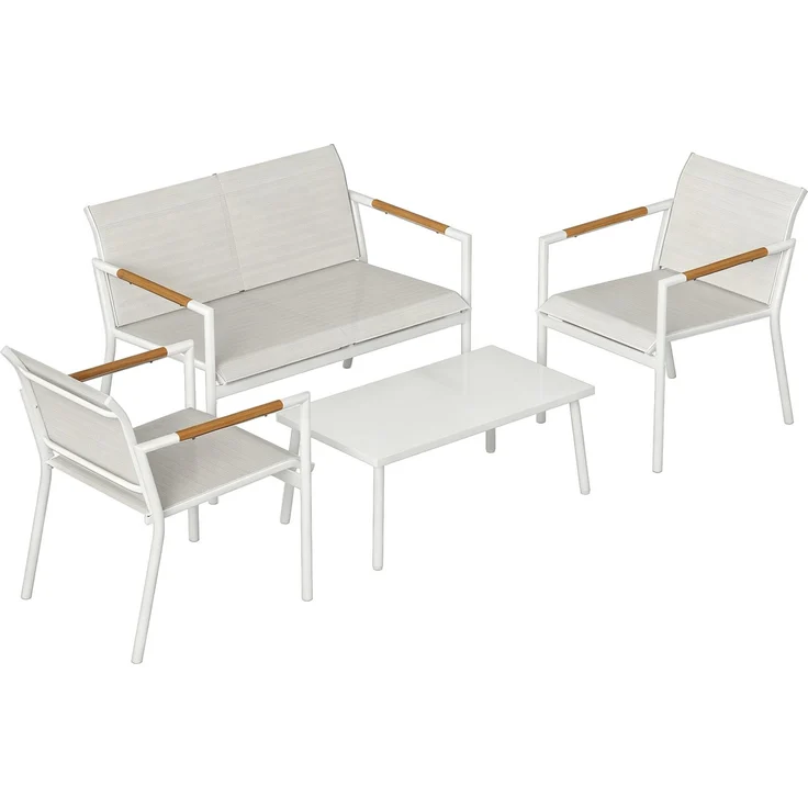 Wohnora-Gartenmöbel Set Sitzgruppe für 4 Personen Atmungsaktiv Gartenlounge mit 2er Sofa 2 Sessel Metall-Tisch Fußpads,H 77cm x T 106cm x B 705cm,Cremeweiß – Bild 2