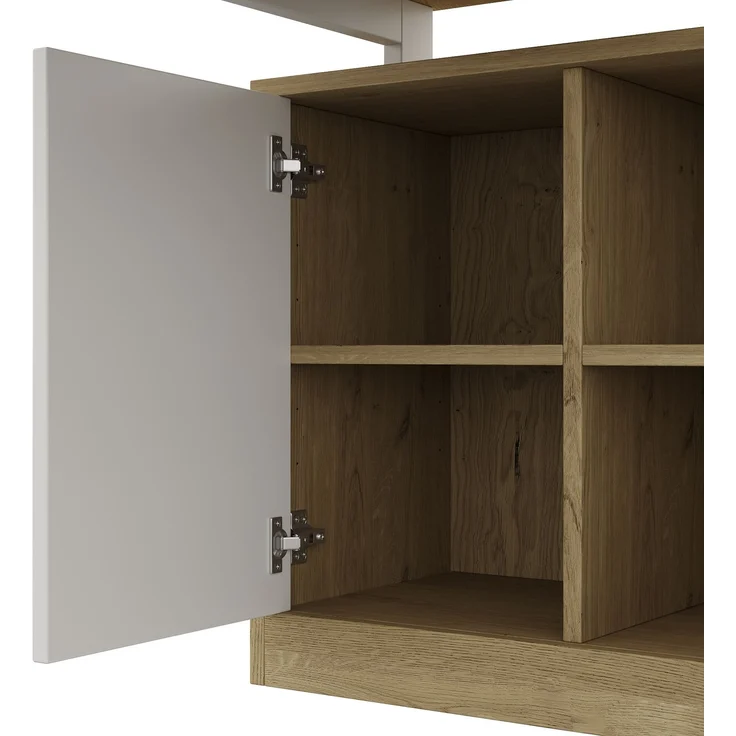 Flieks L-förmiger Schreibtisch 152x113.5x76 cm, Bürotisch mit 2 Schubladen, 3 offenen Regalen & 1 Schrank, Naturholzfarbe & Weiß – Bild 7