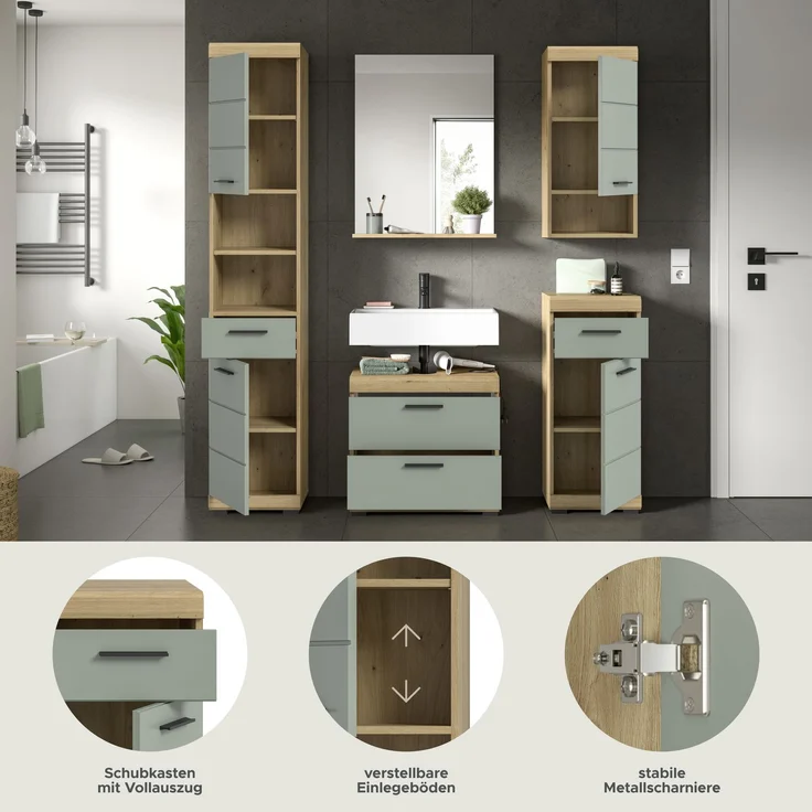 Xonox Scout Badkombination (B/H/T: 164x191x34 cm) in Salbei und Artisan Eiche Nachbildung – Bild 9