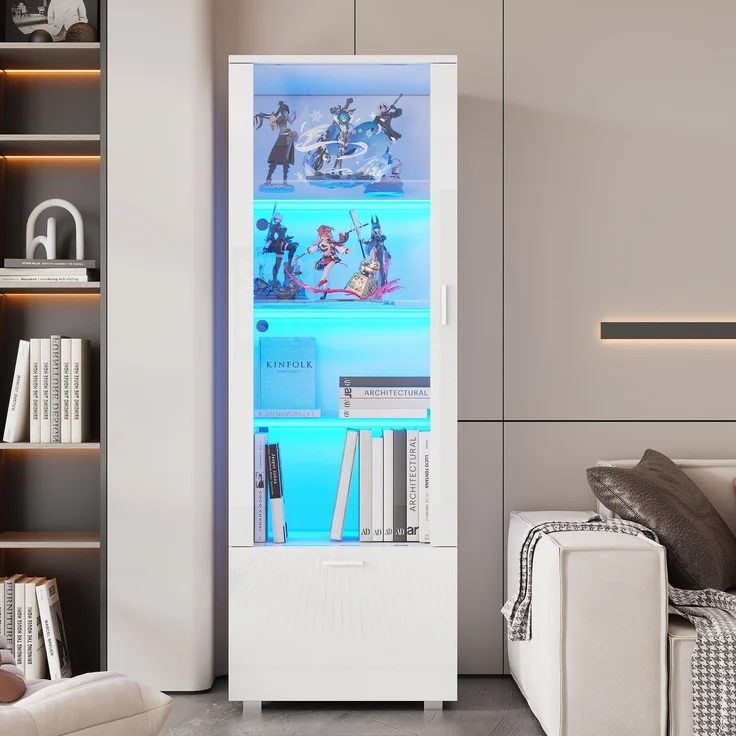 50*40*160cm Weiß Hochglanzvitrinen mit Acryltür, LED-beleuchtete Acryl-Vitrine, Vitrinen für Sammlerstücke, Parfümschränke, Bücherregale und Acryl-Vitrine mit Weiß Hochglanztüren (3 Fachböden)--Weiß--50x40x160cm--YOUDENOVA – Bild 2