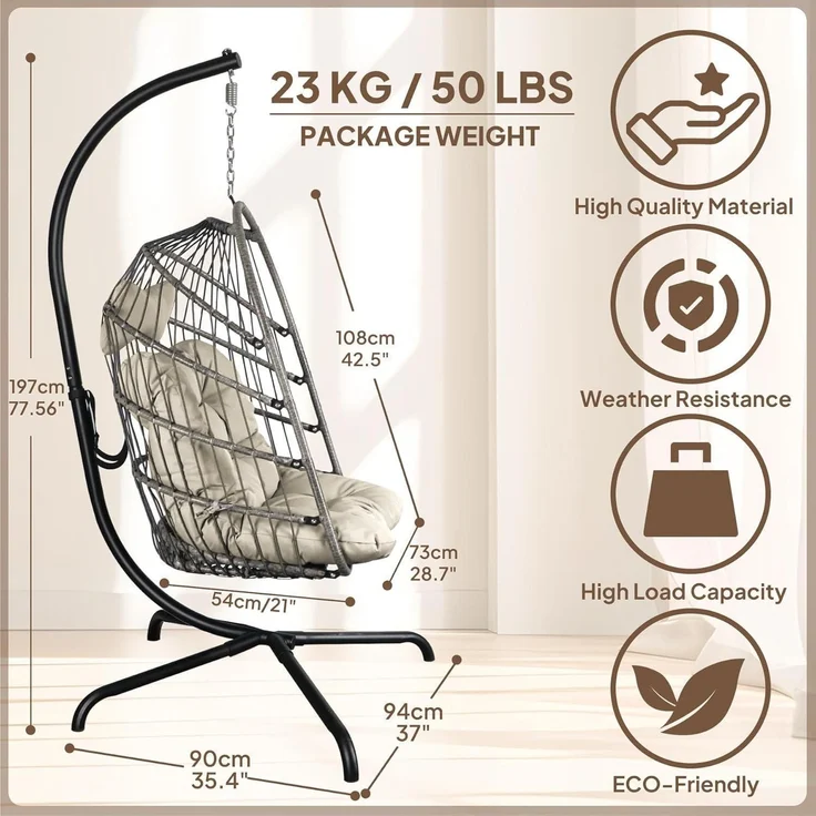 Hängesessel Rattan Korbgeflecht Kissen Gestelle Schwarz Stuhl Grau – Bild 2
