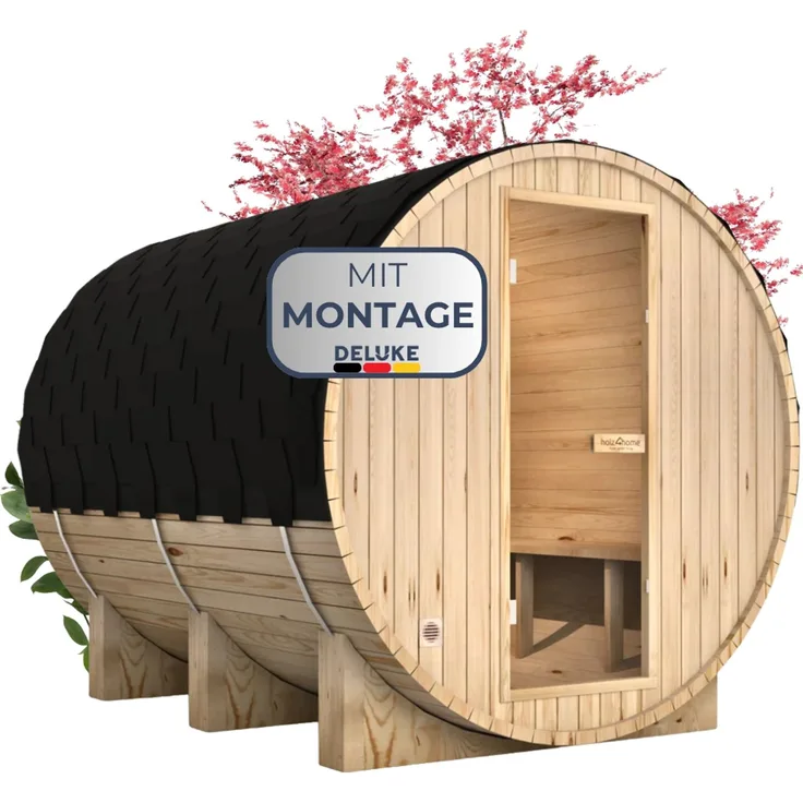 DELUKE® Fasssauna Outdoor mit Elektroofen PIET - für 6 Personen, inkl. Saunazubehör | Außensauna Gartensauna Saunafass | Mit externer Montage