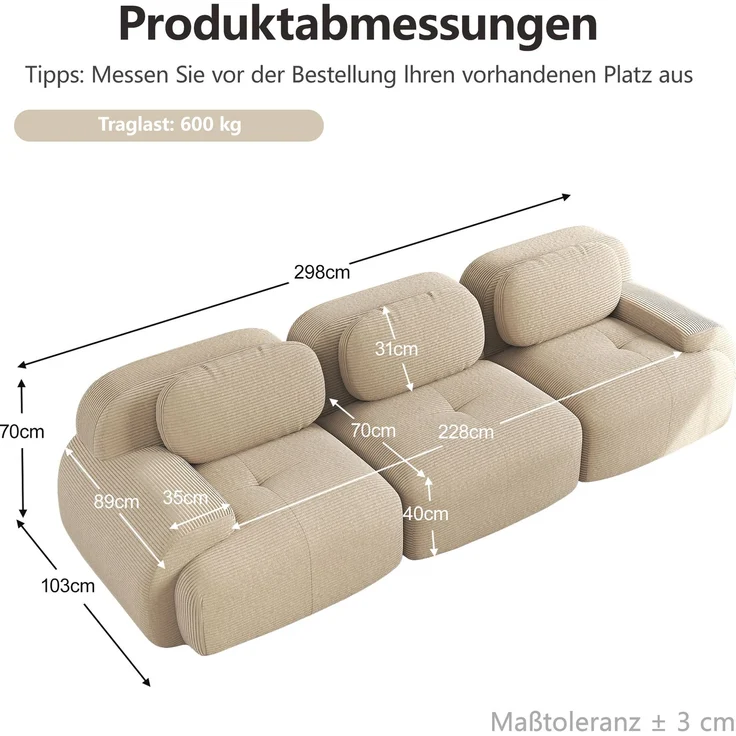 EINHOM 3-Sitzer-Sofa aus Premium-Cordstoff, Rahmenloses Sofa, modular kombinierbar, rutschfest, ohne Montage, ergonomische Armlehnen und hochelastische Polsterung für Wohnzimmer und Schlafzimmer, Beige – Bild 2