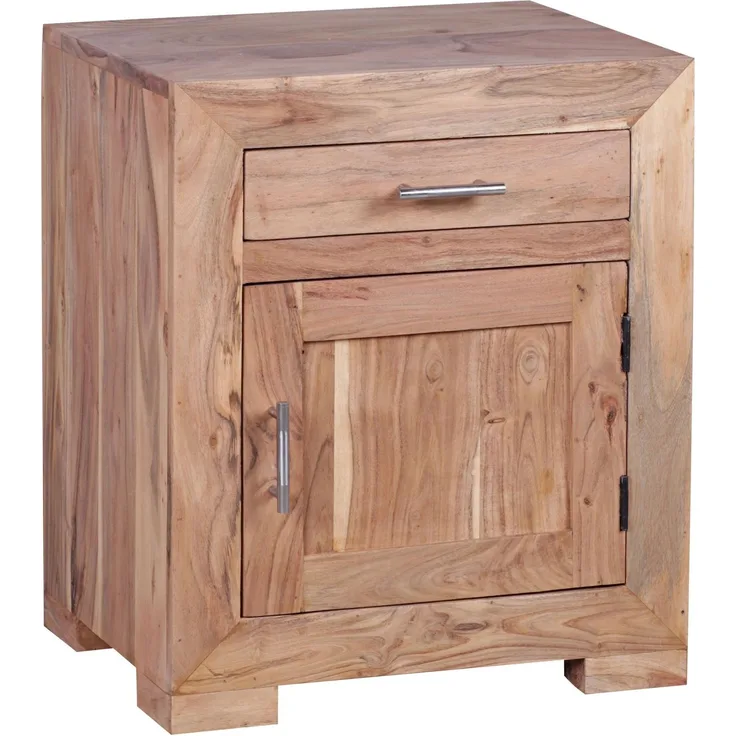 Wohnling Design Nachtkommode mit Schublade und Tür, Massivholz Akazie, 60 cm