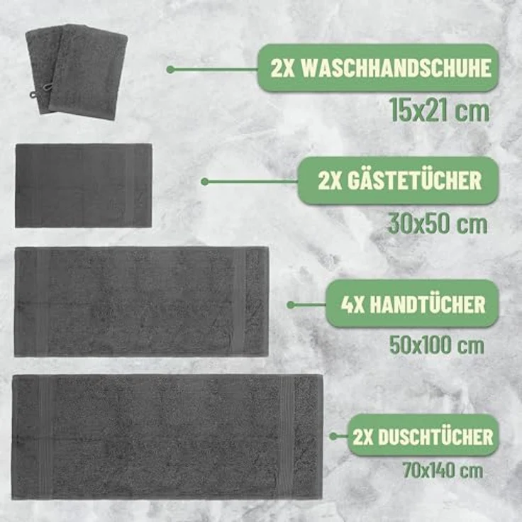 Green Mark Handtuch-Set mit 10 Teilen – 100% Baumwolle – 4 Handtücher 50 × 100 cm, 2 große Duschtücher 70 × 140 cm, 2 Gästetücher 30 × 50 cm und 2 Waschhandschuhe – Anthrazitgrau – Bild 3
