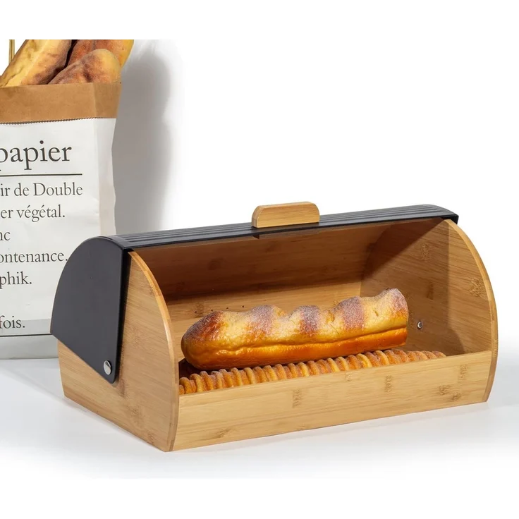 Zedelmaier Brotkasten Brotaufbewahrungsbox aus Metall Holz groß, (Set, 1 x Brotkasten), Brotkorb mit Deckel und Brotbeutel – Bild 3