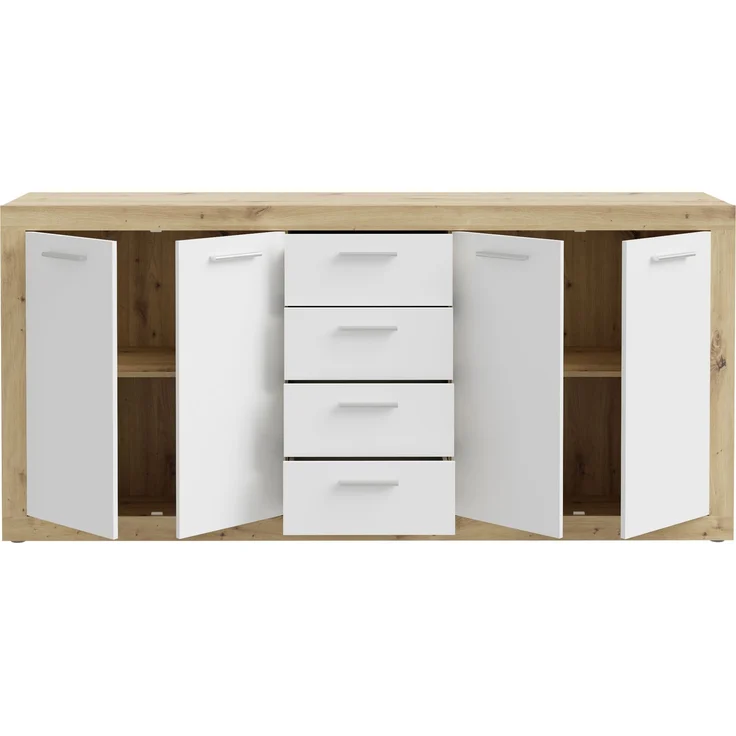 Forte BACCIO Kommode 200, modernes Sideboard mit 4 Schubladen und Türen, Holzwerkstoff, Artisan Eiche Holzdekor | Weiß, 197,1 cm breit x 91,9 cm hoch x 41 cm tief – Bild 4