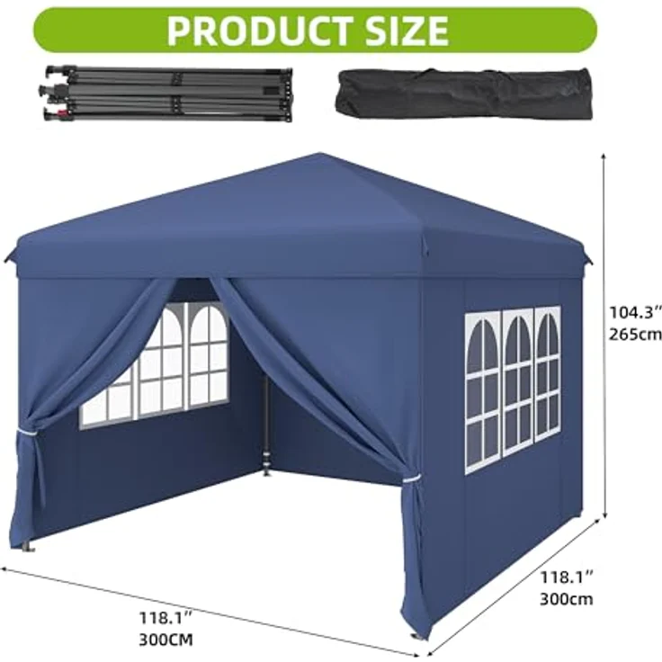 YITAHOME Pavillon mit Seitenwänden, 3x3m wasserdichte zusammenklappbares Garten Vordach, Ganzjahres Camping Pavillon UV-Schutz mit Heringen,Seil,Tragetasche,Gewichtsbeuteln Veranstaltungen,blau – Bild 2