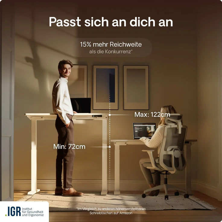Desktronic HomeOne Elektrisch höhenverstellbarer Schreibtisch 140x70cm Weiß/Weiß mit Memory-Funktion, Anti-Kollisions Technologie, USB-A und USB-C-Ladeanschlüssen – Bild 7