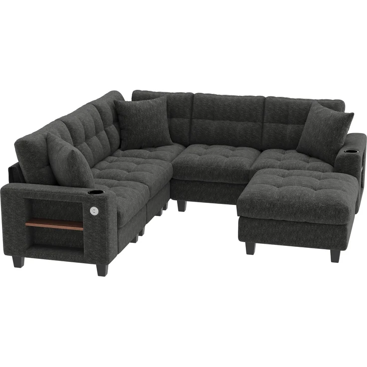 ZUBALIYA Modulare Wohnlandschaft, mit Stauraum, mit USB-C-Anschluss, modular kombinierbar, mit Getränkehaltern, mit Hocker, H 83 × T 216.5 × B 216.5 cm, Grau, Chenille – Bild 11