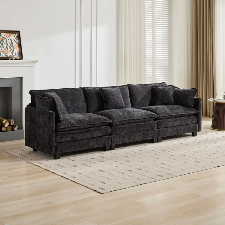 EINHOM Cloud Sofa 3 Seats (Hocker is not included), Modern Ecksofa, für Wohnzimmer Schlafzimmer und Apartment, bequem Double Layer Upholstered Seat Kissen, Breathable Chenille Fabric, Schwarz, DE5013BK