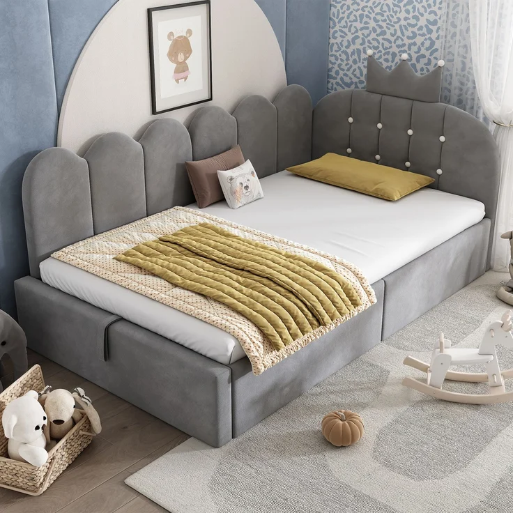 Merax Einzelbett 90x190 cm, Kinderbett, Polsterbett, Daybett, Tagesbett-Schlafsofa mit Stauraum (hydraulisch), Gästebett L-Form Samt, Grau – Bild 7