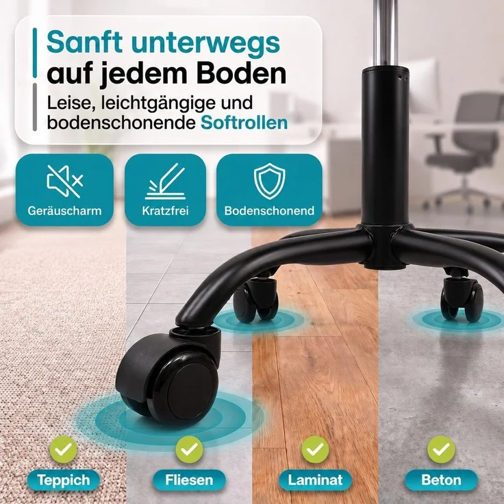 Movaro Rollhocker mit Metall-Basis und leisen Softrollen [Neues Modell] - höhenverstellbar, 360° drehbar, kratzfrei und stabil - ergonomischer Hocker mit Rollen | Arbeitshocker | Bürohocker 44x44x50-63 cm [Weiß] – Bild 4