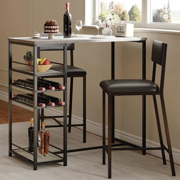 Garvee Bartisch Set 3-Teilig, Esstisch mit 2 Stühlen & & 3 Ablagen, Tresentisch Barhocker Essgruppe 2 Personen Küchentisch Industriedesign Metallrahmen, Grau