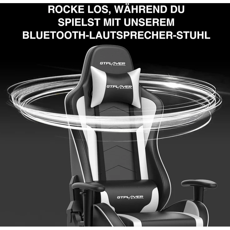 GTPLAYER Gaming Stuhl Gamer Stuhl mit Fußstütze Bluetooth Lautsprecher Ergonomischer Bürostuhl Computerstuhl Schreibtischstuhl PC Stuhl mit verstellbare Rückenlehne 150 kg Belastbarkeit weiß – Bild 6