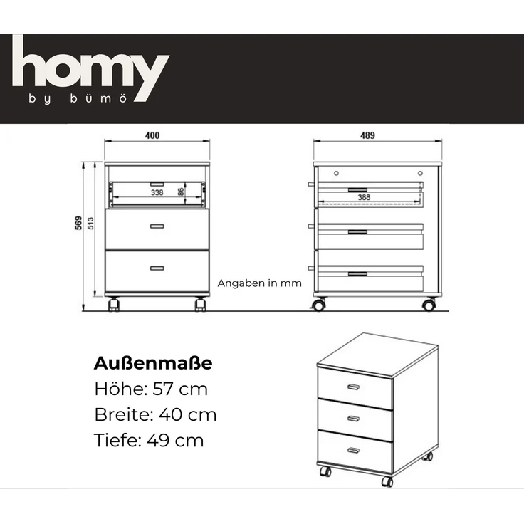 bümö Homy Rollcontainer mit Schubladen, Container aus Holz in Weiß-Eiche - Rollwagen für's Büro als Schreibtisch Unterschrank, Bürocontainer od. Schreibtischcontainer, HYRC-513 – Bild 4