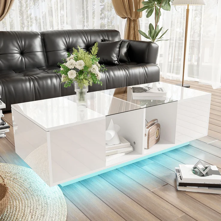 Couchtisch mit Glasplatte & LED-Lichtband, 120x50x38,5 cm, Schwarz – Bild 4