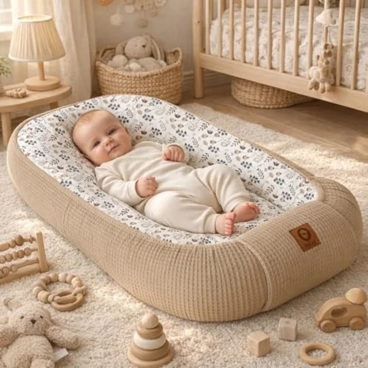 Babynestchen Neugeborene – Nestchen Baby aus Waffel Baumwolle & Baumwollstoff – Babynest für Babybett & Kinderbett – Baby Kokon Tragbar – OEKO-TEX – Zubehör für Babybett - Zweige und Braun – Bild 2