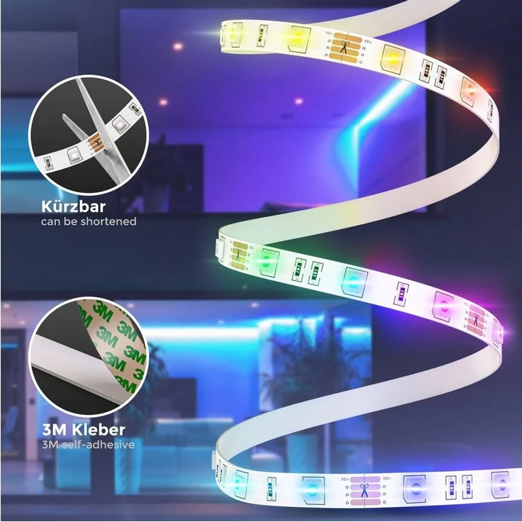 B.K.Licht - LED Strip 3m mit Fernbedienung, buntes RGB Licht, dimmbar, selbstklebend, LED Streifen, Leiste, Gaming Deko, Band, Lichtleiste, Lichtband, Beleuchtung, 30 x 1 x 0,2 cm, Weiß – Bild 2