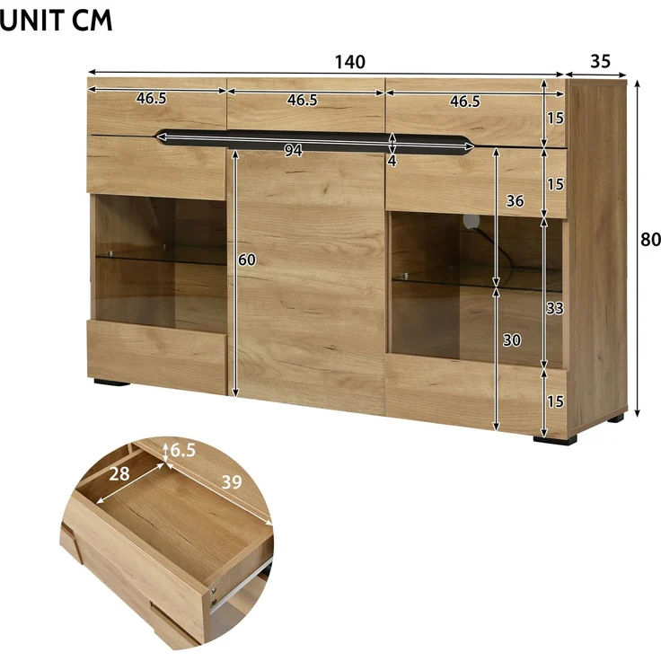 Merax 140cm Sideboard Schrank Modern Wohnzimmer Anrichte Möbel 3 Türen 3 Schubladen Moderne Kommode mit viel Stauraum – Bild 4