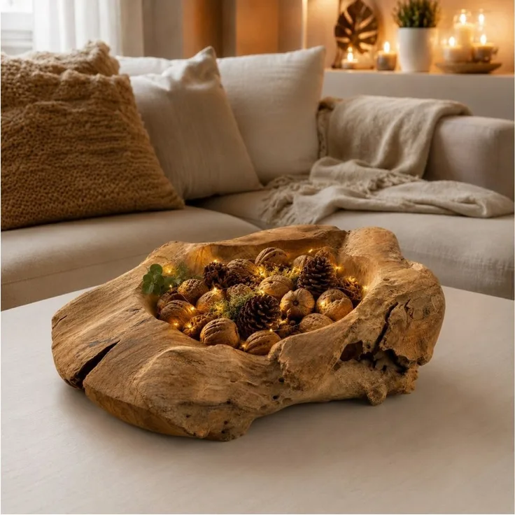 Online-Fuchs Dekoschale XL aus Teakholz, Obstschale - Dekoration für Wohnzimmer & Küche (jede Schale ein Unikat, 40 bis 45 cm groß), massives Teakholz, rustikaler Charme, Natur durch und durch