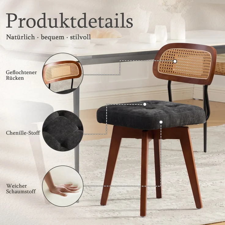 LVHOM 2er-Set Esszimmerstühle 360° Drehstuhl, Polsterstuhl in Rattan-Optik mit Chenille Kissen, stabiler Küchenstuhl mit Metallbeinen, Schwarz – Bild 3