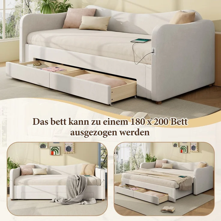 Schlafsofa mit Bettfunktion, Schubladen, Lattenrost, USB und Type-C, 90x200cm/180x200cm, Liegefläche erweiterbar, Polsterbett, Samt – Bild 4