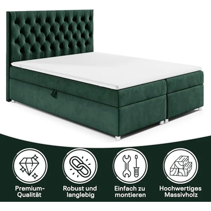 Best For Home Boxbett Trinity K-14, Boxspringbett mit Bettkasten, Grün, 200x200 cm, Höhe ca. 18 cm – Bild 3