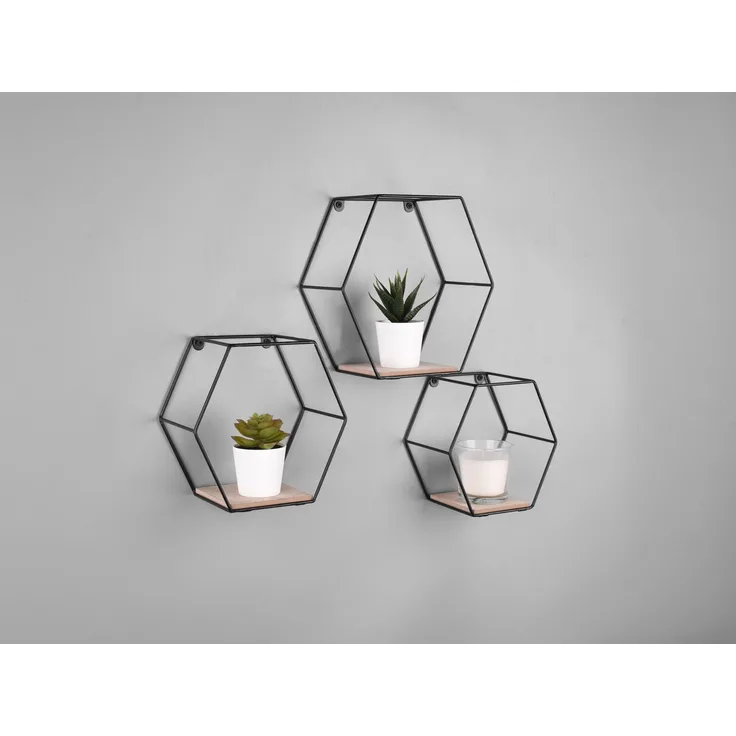 MIRRORS AND MORE 'Chiara' Wandregalset 3-teilig Metall, MDF, schwarz, 25x22x10cm, 22x19x10cm, 19x17x10cm