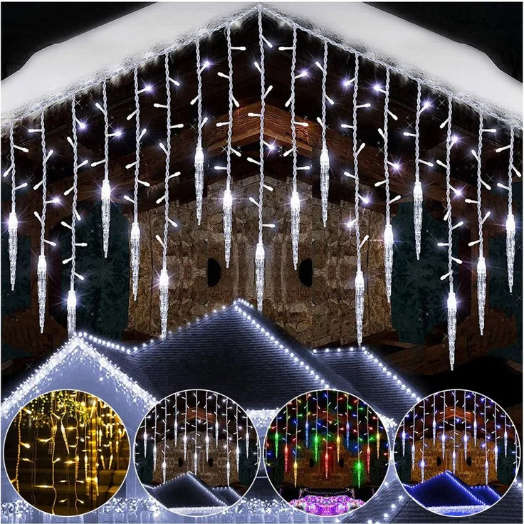 SERBASIC Lichterkette LED Eisregen Lichtervorhang, Timer, 8 Modi, Anschließbar, 31V, Lichtervorhang für Weihnachten Außen Terrasse