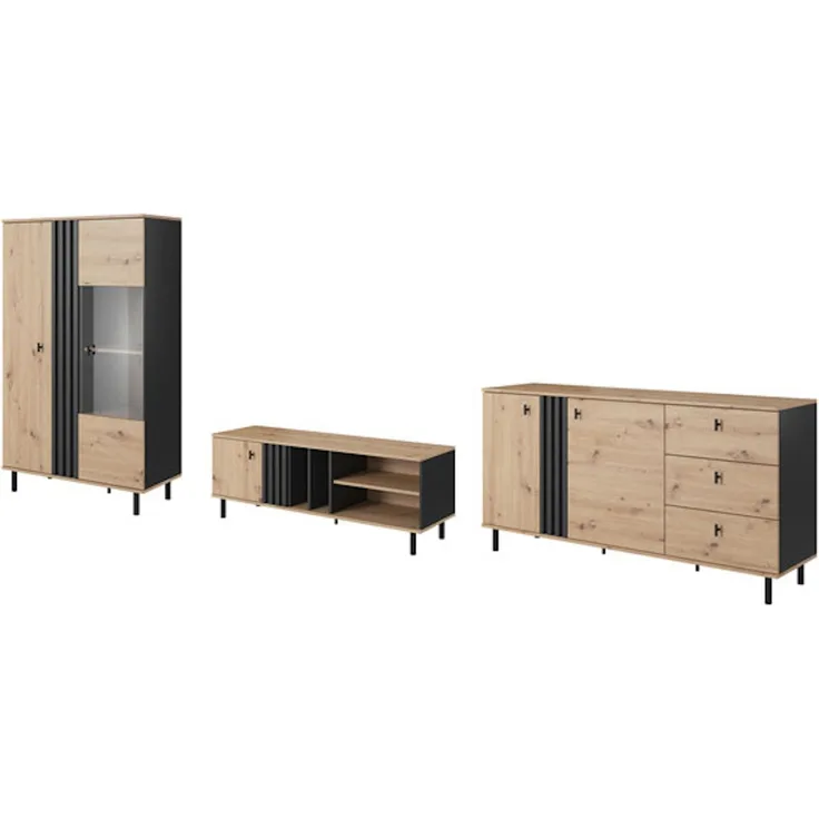 Wohnzimmer-Set Maidstone Wohnwand 3-teilig Sand Grange Eiche anthrazit