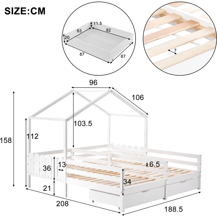 U-life Hausbett 90x200 cm, Doppelbett und Kinderbett, mit geteiltem Mittelzaun, 2 MDF-Schubladen und Sicherheitsgeländer, Kiefernholz, Weiß – Bild 10