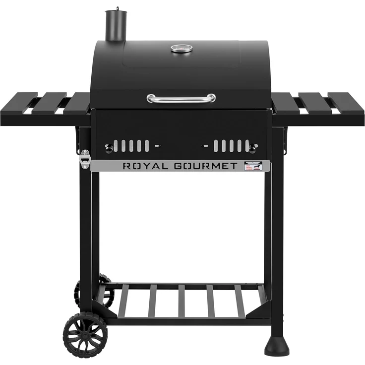 Royal Gourmet Holzkohlegrill Grillwagen mit klappbaren Seitenablagen, Smoker Standgrill mit Decekl, Thermometer, Kohlegrill Schwarz – Bild 1