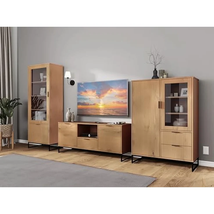 Livetastic Vitrine Eiche, massiv aus Kiefer, 5 Fächer, 70x190x45 cm, mit Drehtüren, Beimöbel erhältlich – Bild 2