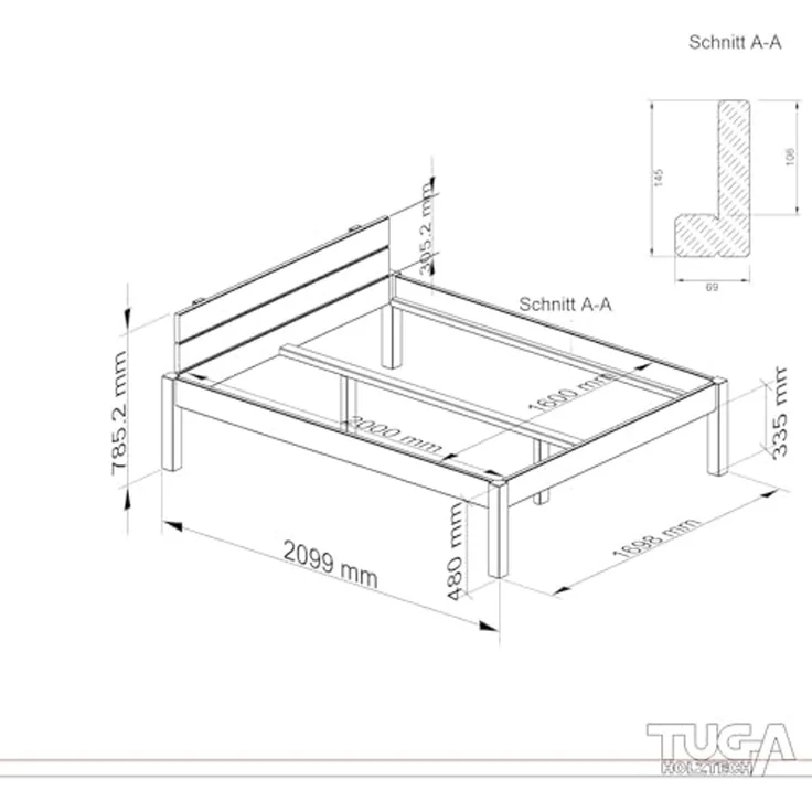 Pfostenbett "metallarm" Fichte Holzbett "Daybett" 160 x 200cm 48cm Doppelbett – Bild 3