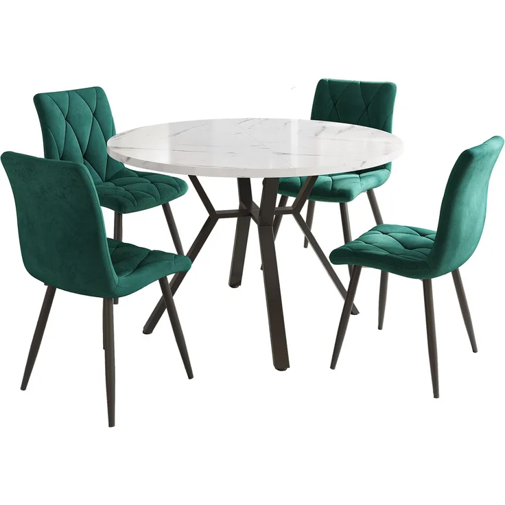 Merax Esstisch- und Stuhlset (5-teilig), modernes, schlichtes rundes Esstisch- und Stuhlset in Marmor-Optik, Tischbeine aus schwarzem Metall + 4 ergonomische Stühle aus grünem Wildleder – Bild 3