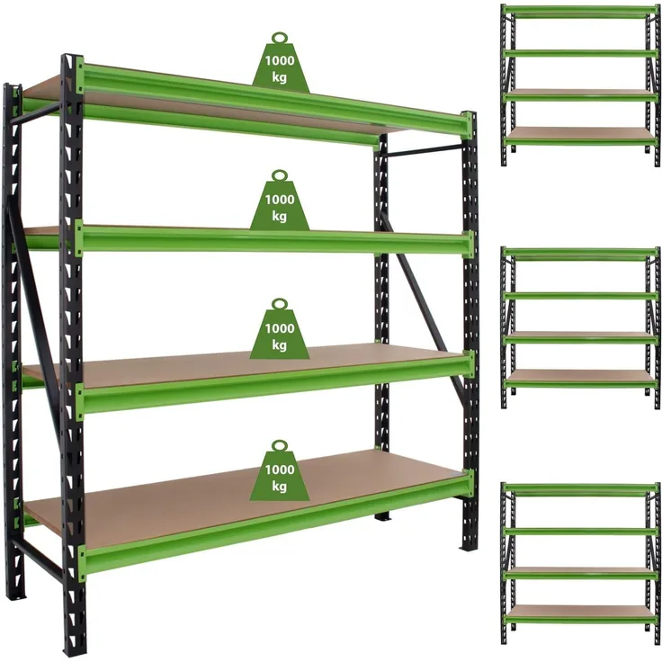 4x Industrieregal Milo 200x190x60cm steckbar, erweiterbar 4 Ebenen 4 Tonnen Schwerlastregal Regal