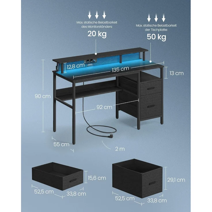 VASAGLE Schreibtisch mit Stoff-Schubladen, Computertisch mit Monitorständer, LED-Beleuchtung, 55 x 135 x 90 cm, eingebaute Steckdosen, 2 USB-A-Anschlüsse, für Homeoffice, ebenholzschwarz LWD094B56 – Bild 2