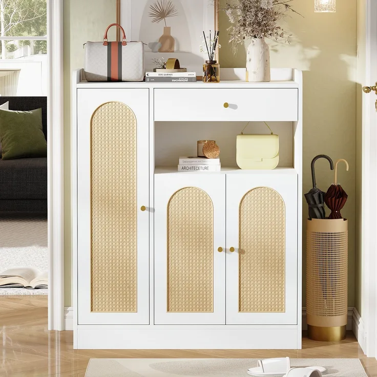 Rattan Schuhschrank / Aufbewahrungsschrank mit Stauraum, 1 Schublade, 3 Türen mit verstellbaren Regalen, für Eingangsbereich, Esszimmer und Flur, Weiß + Holz, Maße: 90 x 35 x 110 cm--Weiß+Natur--90x35x110cm--YOUDENOVA