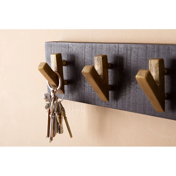 Wandgarderobe Mango Massivholz Metall 60x10x8cm Schwarz Gold Hakenleiste Flur – Bild 4