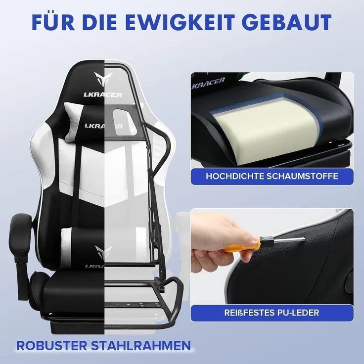 Gaming Stuhl Fußstütze Lendenkissen Kopfkissen 150kg Weiß – Bild 4