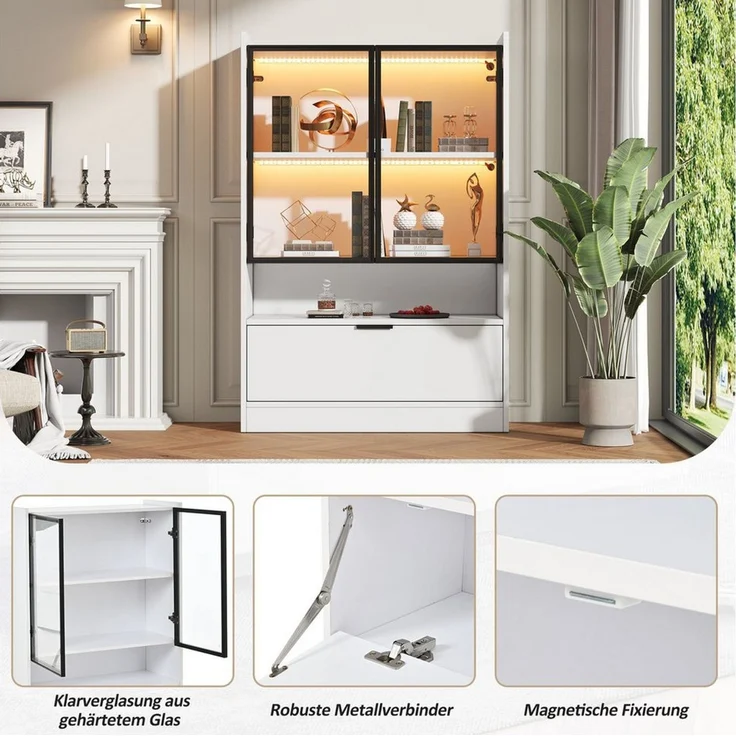 MODFU Vitrine Display-Schrank mit LED, 16 Farben, App (1-St, ideal für Wohnbereich, 80x120x35 cm) Glastüren, Klapptür, matt weiß – Bild 4