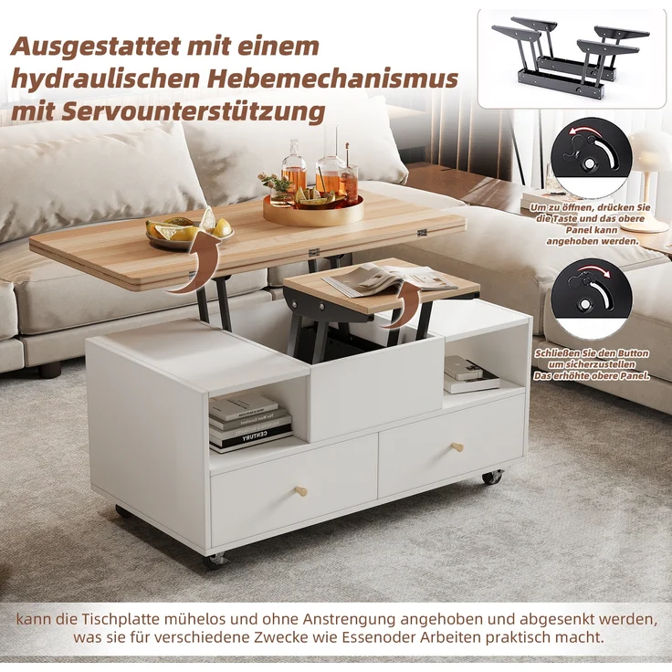 Höhenverstellbarer Couchtisch aus MDF mit 4 Schubladen, Klappfunktion & Rollen, 100x50x47,5-62 cm, Naturholz/Weiß – Bild 8